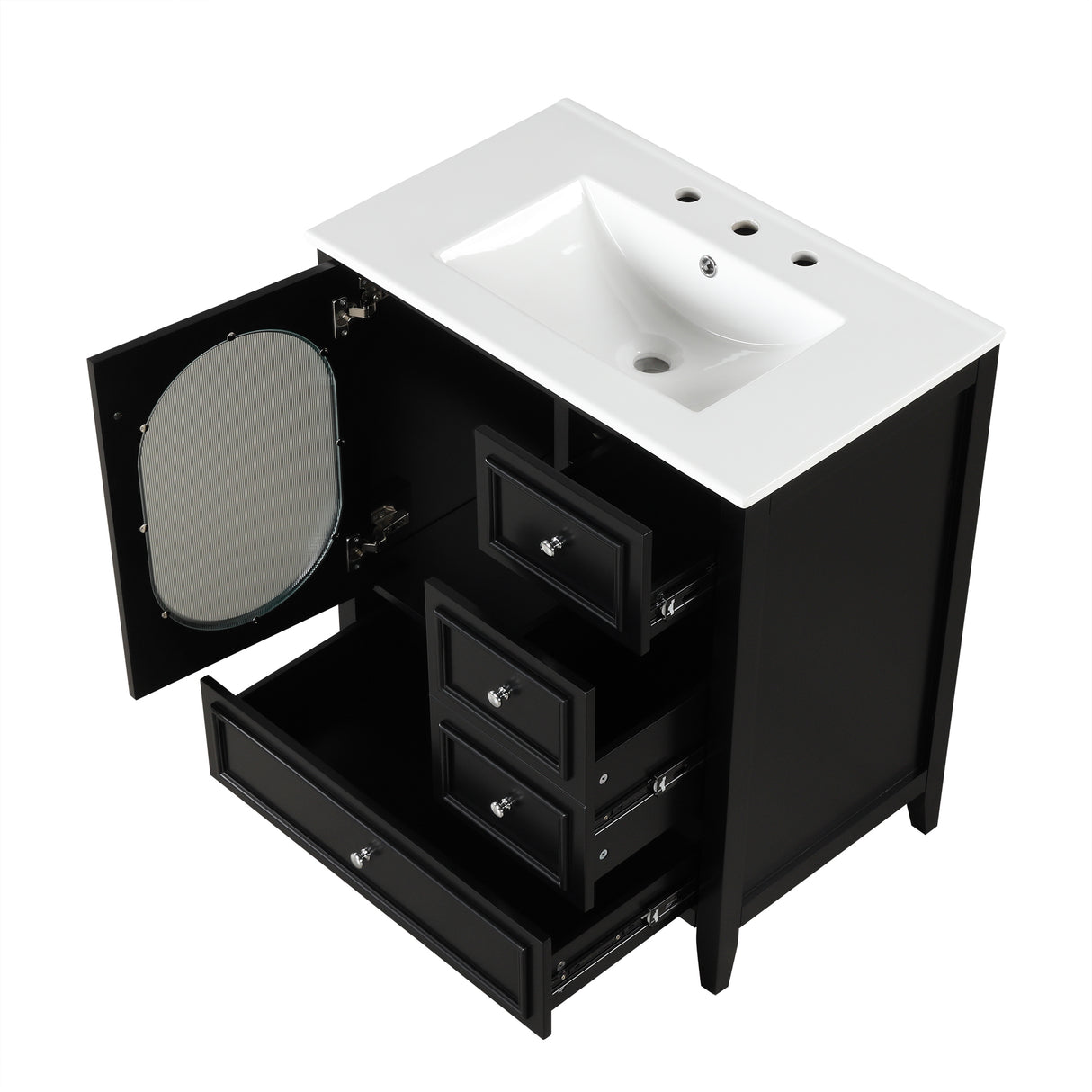 30" Bathroom Vanity with Sink, Bathroom Vanity Cabinet with Three Drawers and Door, Solid Wood and MDF, Black - V.I.P Digital Presence