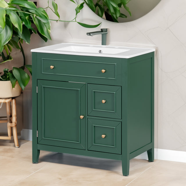 30" Bathroom Vanity with Sink Top, Bathroom Vanity Cabinet with Door and Two Drawers, Solid Wood Frame, One Package, Green - V.I.P Digital Presence