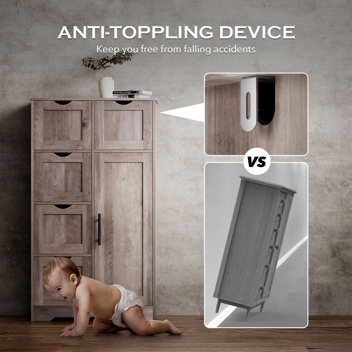 Bathroom Storage Cabinet with Storage 5 Drawers and 1 Door, Entryway Cabinet with Adjustable Shelf Grey - V.I.P Digital Presence