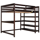 Full Size Loft Bed with Storage Shelves and Under-bed Desk  Espresso