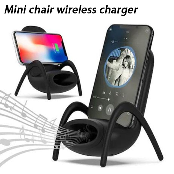 Mini silla portátil con cargador inalámbrico para todos los teléfonos, soporte multiusos con función de altavoz musical y cargador. 