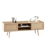 55.12" Rattan TV cabinet double sliding doors for storage adjustable shelf solid wood legs TV console for living room natural - V.I.P Digital Presence