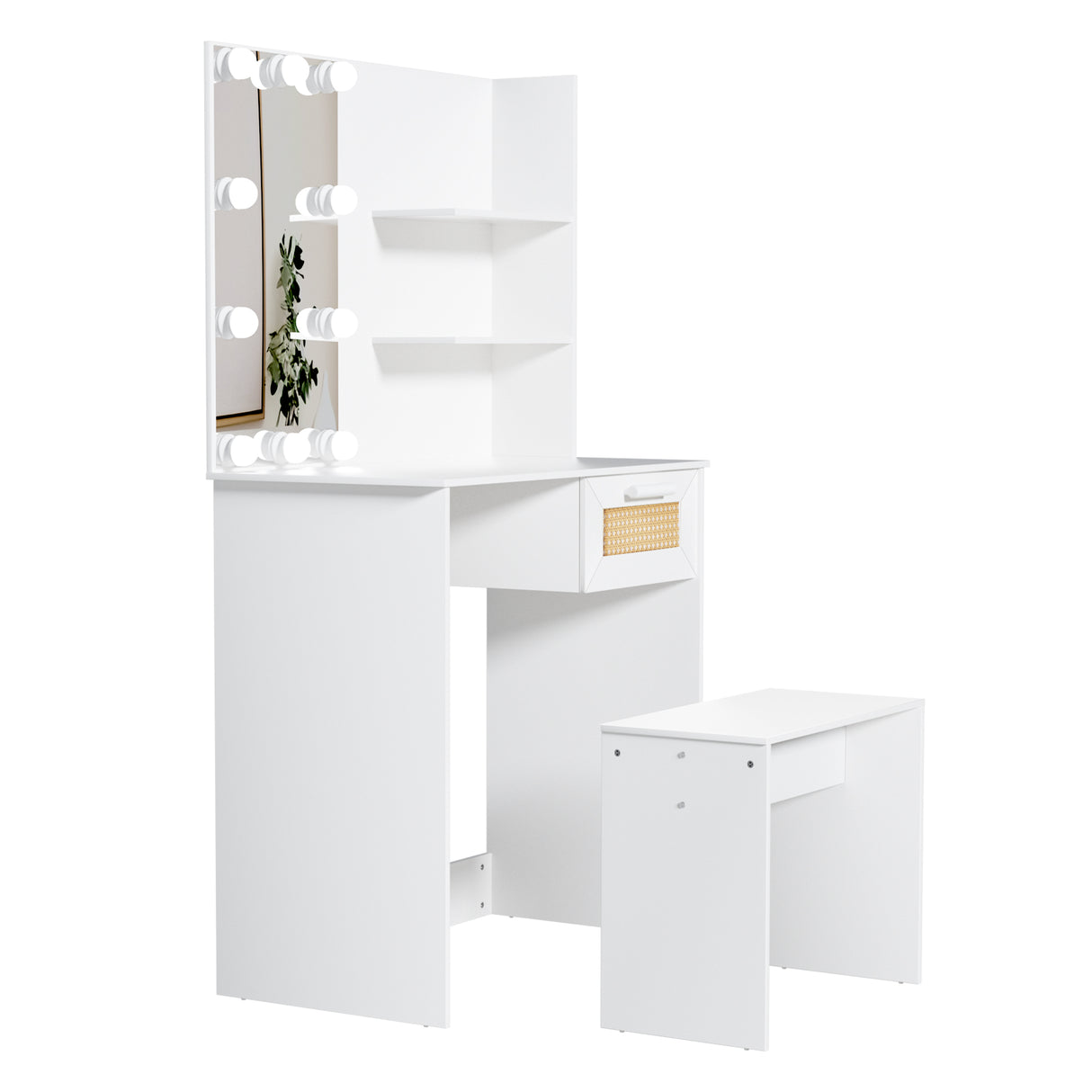 Vanity Desk Set Stool & Dressing Table with LED Lighting Mirror Drawer and Wood Cosmetic Table Chest of Drawers White Color - V.I.P Digital Presence