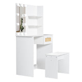 Vanity Desk Set Stool & Dressing Table with LED Lighting Mirror Drawer and Wood Cosmetic Table Chest of Drawers White Color - V.I.P Digital Presence