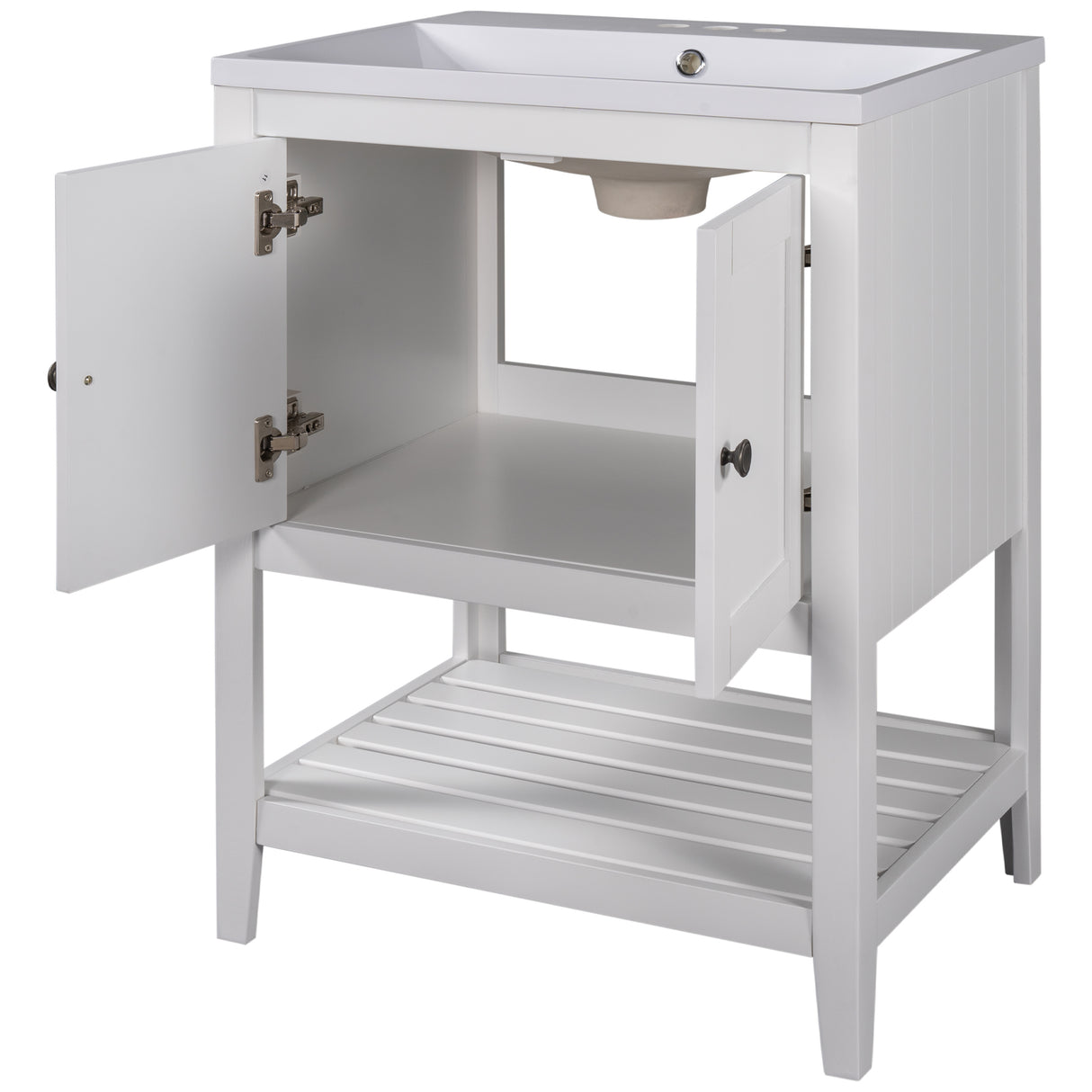 24" White Modern Sleek Bathroom Vanity Elegant Ceramic Sink with Solid Wood Frame Open Style Shelf - V.I.P Digital Presence