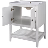 24" White Modern Sleek Bathroom Vanity Elegant Ceramic Sink with Solid Wood Frame Open Style Shelf - V.I.P Digital Presence