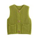 Street Fashion Crochet Hollow Vest Solid Color Versatile Round Neck Jacket - V.I.P Digital Presence