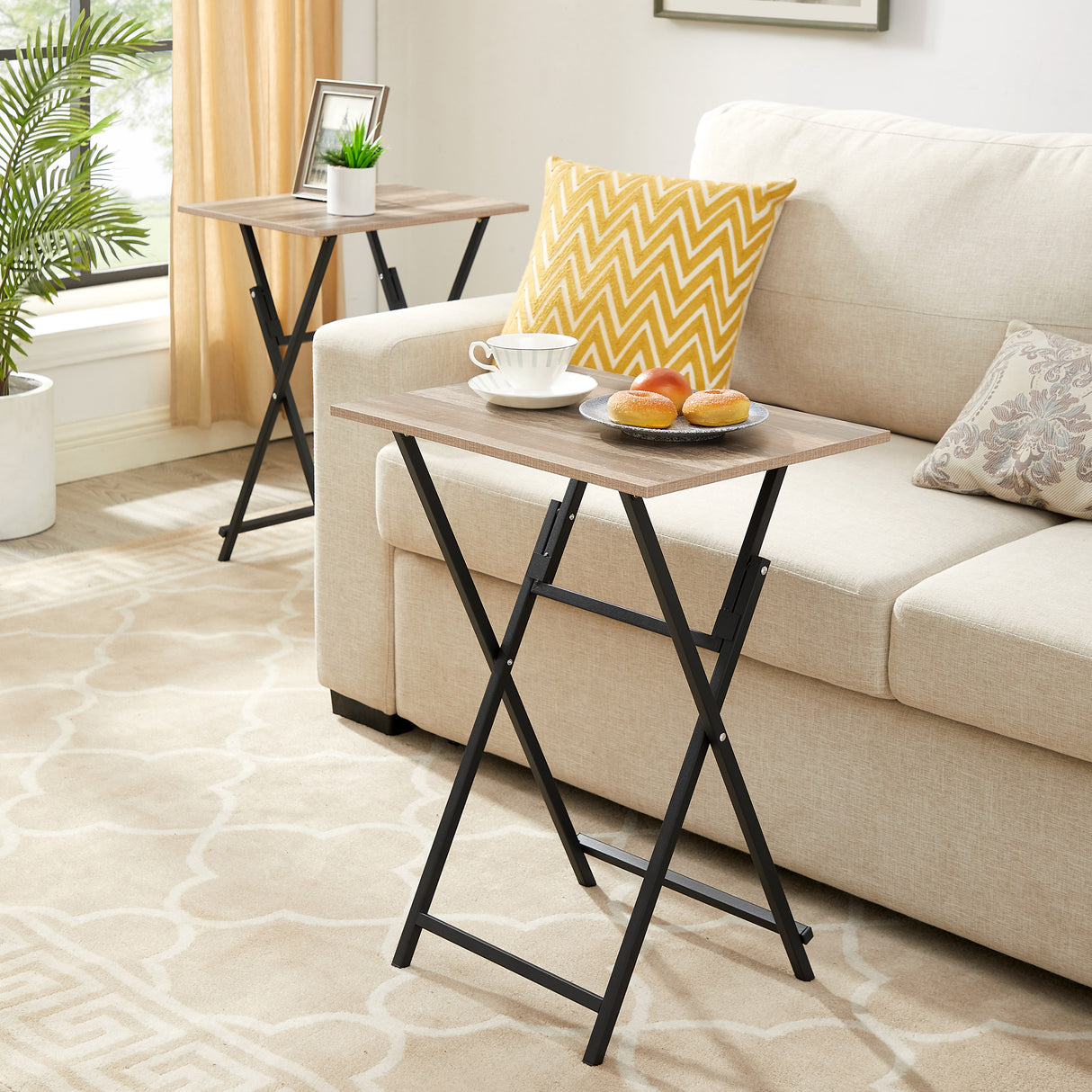 2-piece folding TV tray table without assembly, portable sofa side table, brown and black - V.I.P Digital Presence