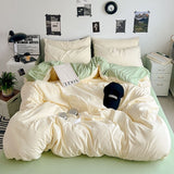 Washed Cotton Solid Color Double Spliced Four-Piece Bedding Set - Sheet, Quilt Cover, Pillowcases for Employee and Dormitory Use