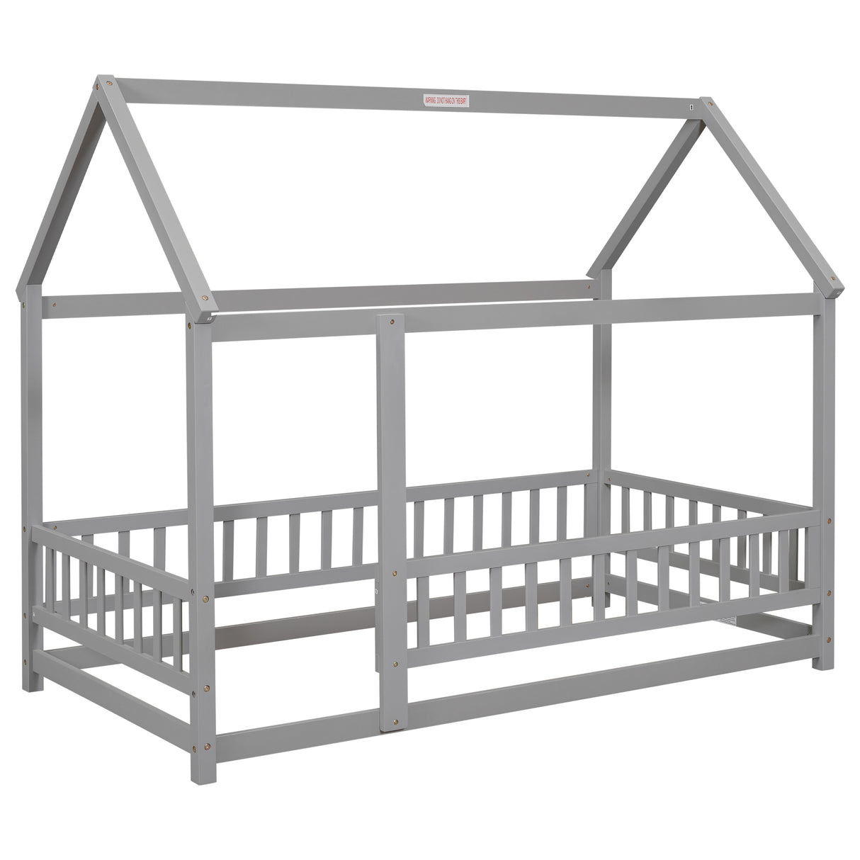 Twin Size Floor Wooden Bed with House Roof Frame, Fence Guardrails,Grey - V.I.P Digital Presence