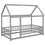 Twin Size Floor Wooden Bed with House Roof Frame, Fence Guardrails,Grey - V.I.P Digital Presence