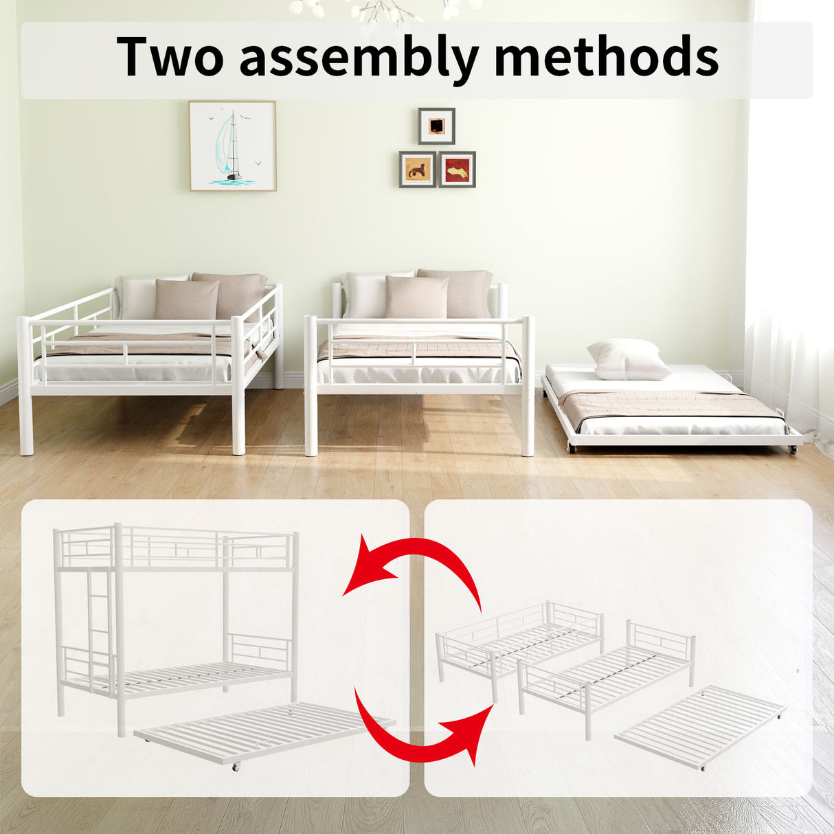 Heavy-duty Sturdy Meta Twin over Twin with Trundle Bunk Bed/l/ Noise Reduced/ Safety Guardrail/No Box Spring Needed,White - V.I.P Digital Presence
