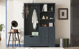 Multi-functional Hall Tree with Storage Shelves Drawers and Cabinet, Elegant Hallway Shoe Cabinet with Bench Antique Blue - V.I.P Digital Presence