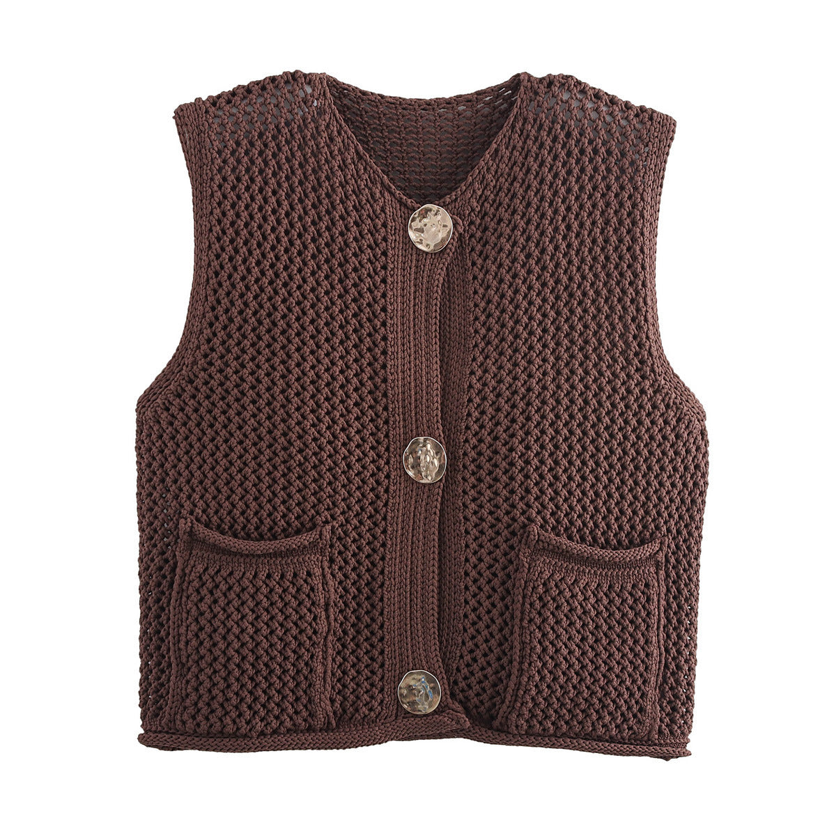 Street Fashion Crochet Hollow Vest Solid Color Versatile Round Neck Jacket - V.I.P Digital Presence