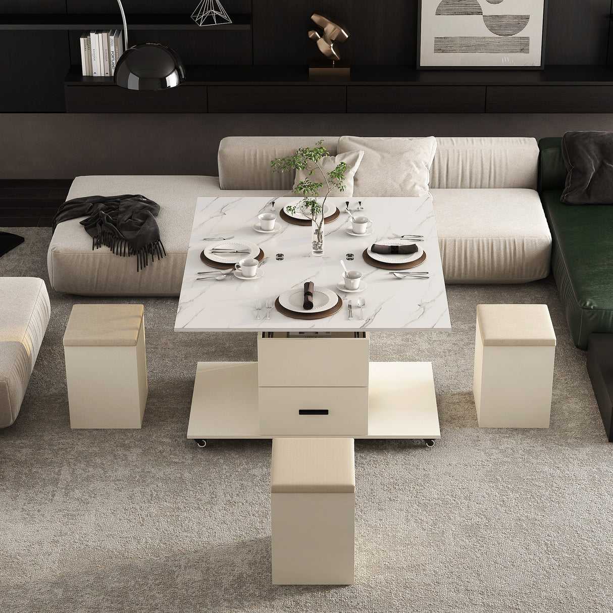 Modern lift coffee table, living room with 4 chairs, expandable 1 hidden storage space+2 drawers, folding dining table - V.I.P Digital Presence
