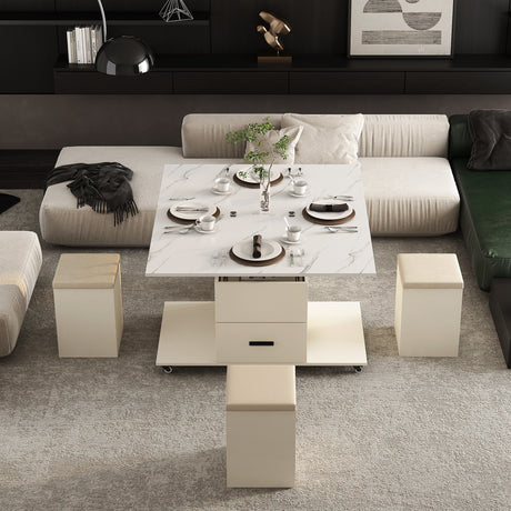 Modern lift coffee table, living room with 4 chairs, expandable 1 hidden storage space+2 drawers, folding dining table - V.I.P Digital Presence