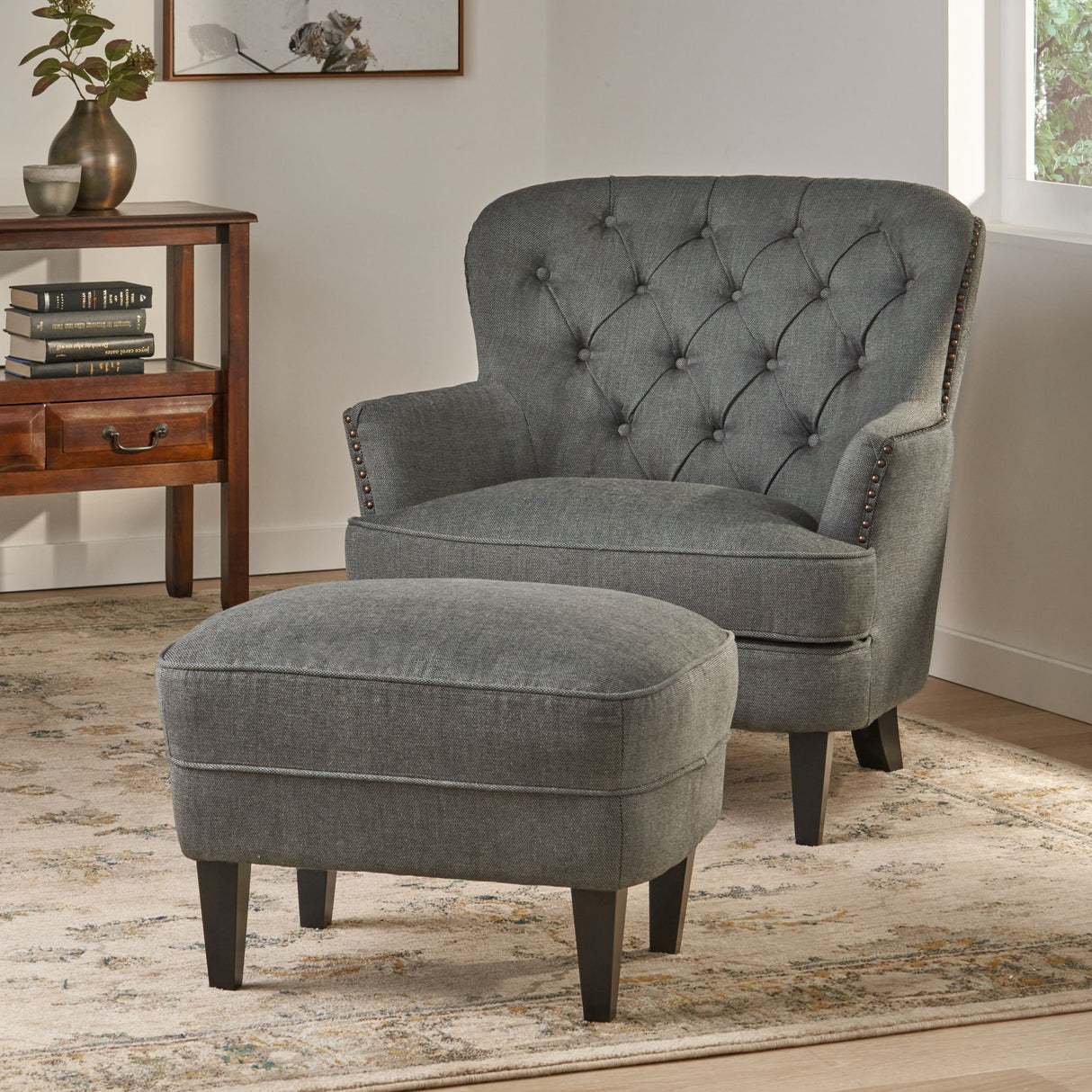 Modern grey fabric club chair and Ottoman set, stylish cushioned armchair, paired with Ottoman style - V.I.P Digital Presence