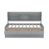 Twin Size Wooden Captain Bed with Built-in Bookshelves,Three Storage Drawers and Trundle Light Grey