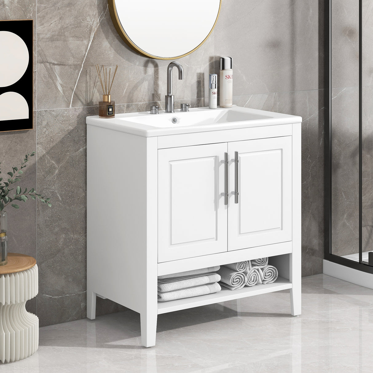 30" Bathroom Vanity with Sink  Multi-functional Bathroom Cabinet with Doors and Drawers Solid Frame and MDF Board, White - V.I.P Digital Presence
