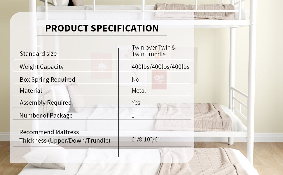 Heavy-duty Sturdy Meta Twin over Twin with Trundle Bunk Bed/l/ Noise Reduced/ Safety Guardrail/No Box Spring Needed,White - V.I.P Digital Presence