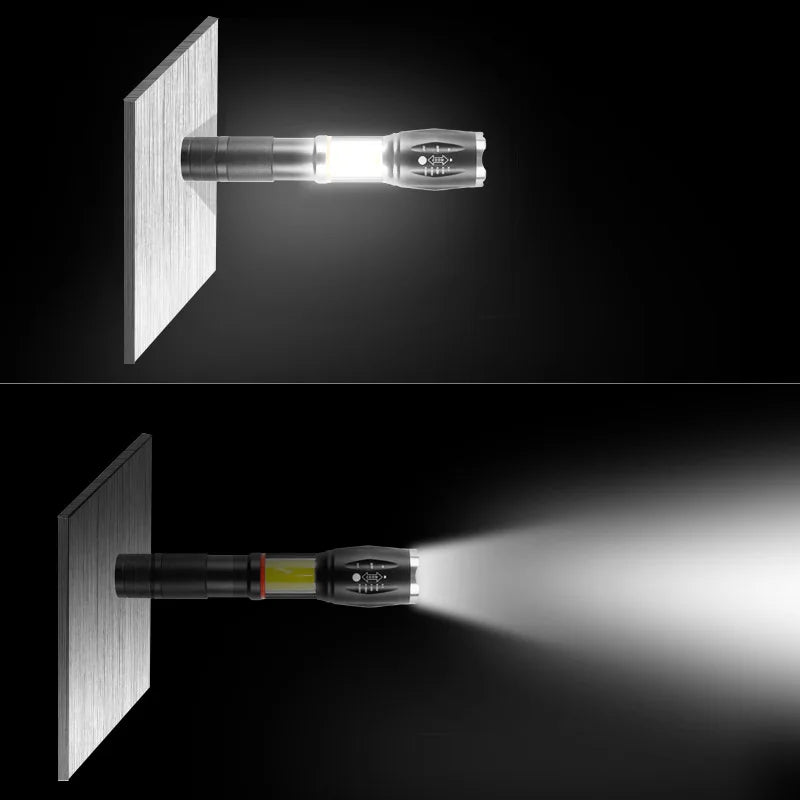 Linterna táctica T6 de 1000 lúmenes con zoom, resistente al agua IPX6, con iluminación COB oculta.