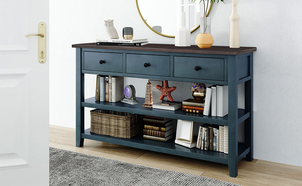 Retro Design Console Table with Two Open Shelves, Pine Solid Wood Frame and Legs for Living Room (Navy) - V.I.P Digital Presence