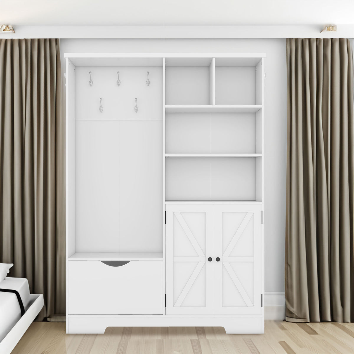 Multi-functional Hall Tree with Storage Shelves Drawers Cabinet Elegant Hallway Shoe Cabinet with Bench Modern Coat Rack White - V.I.P Digital Presence