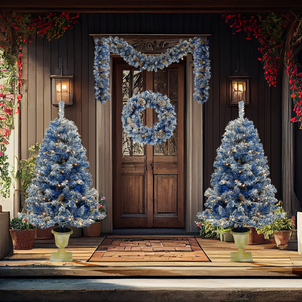 A set of 4 artificial Christmas trees, including flower garlands, flower garlands, and 2 entrance trees, equipped with LED light - V.I.P Digital Presence
