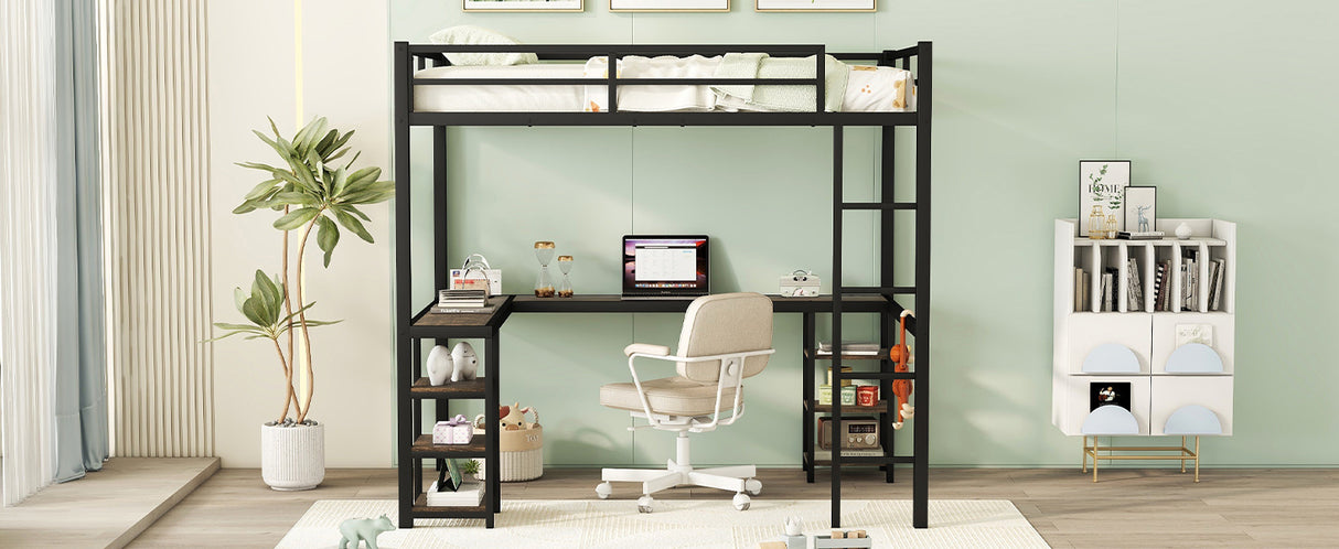 Full Metal Loft Bed with Desk and Shelves, Loft Bed with Ladder and Guardrails, Loft Bed Frame for Bedroom, Black - V.I.P Digital Presence