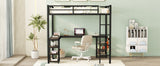 Full Metal Loft Bed with Desk and Shelves, Loft Bed with Ladder and Guardrails, Loft Bed Frame for Bedroom, Black - V.I.P Digital Presence