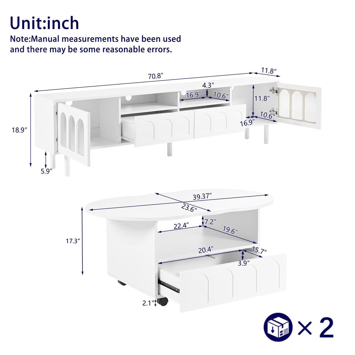 Two sets of ON-TRANS cream style TV stands and coffee tables, suitable for TVs under 80 inches, white - V.I.P Digital Presence