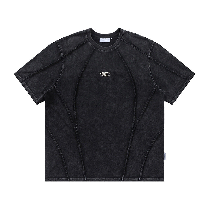 Spliced Raw Edge Short Sleeve T-Shirt Unique Design Hip Hop Men's Washed Vintage Casual Tee - V.I.P Digital Presence