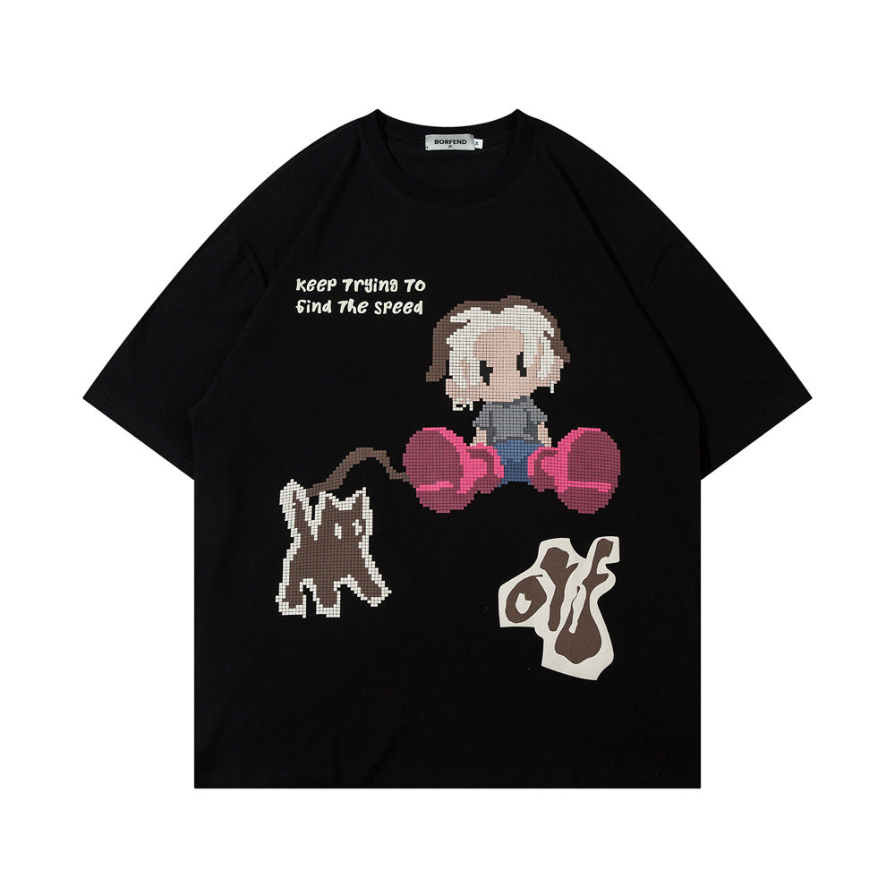 Fun Cartoon Anime Print Short Sleeve T-Shirt Men's High Street Trendy Half Sleeve Pure Cotton Round Neck Loose Tee - V.I.P Digital Presence