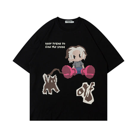 Fun Cartoon Anime Print Short Sleeve T-Shirt Men's High Street Trendy Half Sleeve Pure Cotton Round Neck Loose Tee - V.I.P Digital Presence