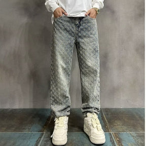 High Street Hip Hop Trousers, Trendy Brand Cool and Handsome Jacquard Full Print Jeans for Men, American Style Vibe Straight Leg Pants - V.I.P Digital Presence