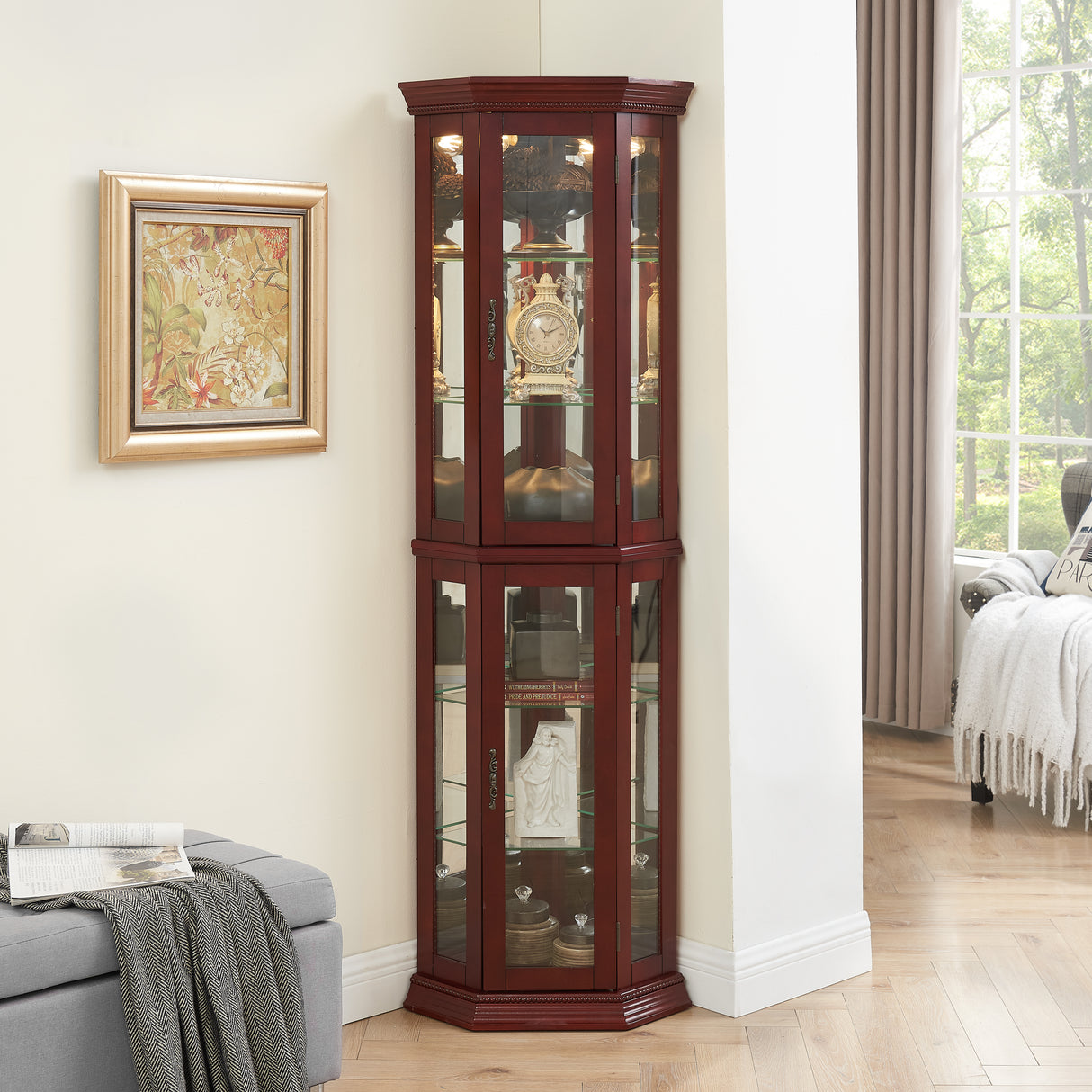 Corner Curio cabinet with lights, adjustable tempered glass frame, display cabinet, cherry color (excluding E26 light bulbs) - V.I.P Digital Presence