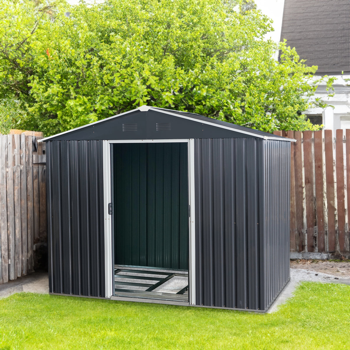 8ft x 6ft Outdoor Metal Storage Shed with Floor Base Black - V.I.P Digital Presence