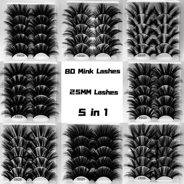 5D 25mm 5 Pairs Mink Eyelashes Multi-Layer Lengthening Thick Thickened False Eyelashes - V.I.P Digital Presence
