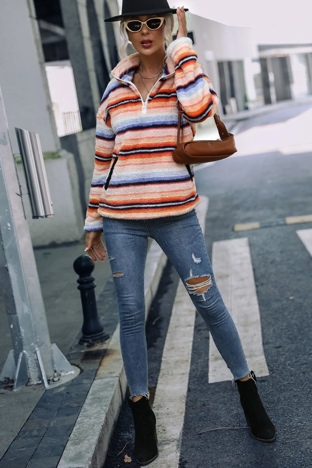 Striped Quarter Zip Dropped Shoulder Sweatshirt - V.I.P Digital Presence