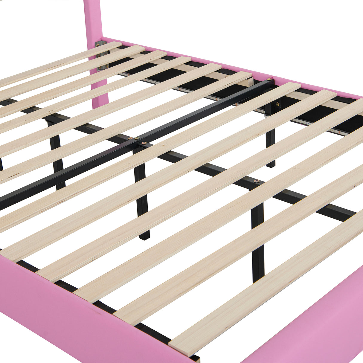 Full Size Upholstered Bed Frame with LED Lights, Modern Upholstered Princess Bed with Crown Headboard, Pink+White - V.I.P Digital Presence