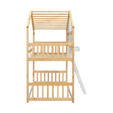 Twin over Twin House Bunk Bed with Roof , Window, Window Box, Door , with Safety Guardrails and Ladder, Natural/White - V.I.P Digital Presence