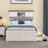 Solid Pine Captain Bookcase Bed with Trundle Bed and 3 Spacious Under Bed Drawers in Casual,Full, White+Walnut - V.I.P Digital Presence