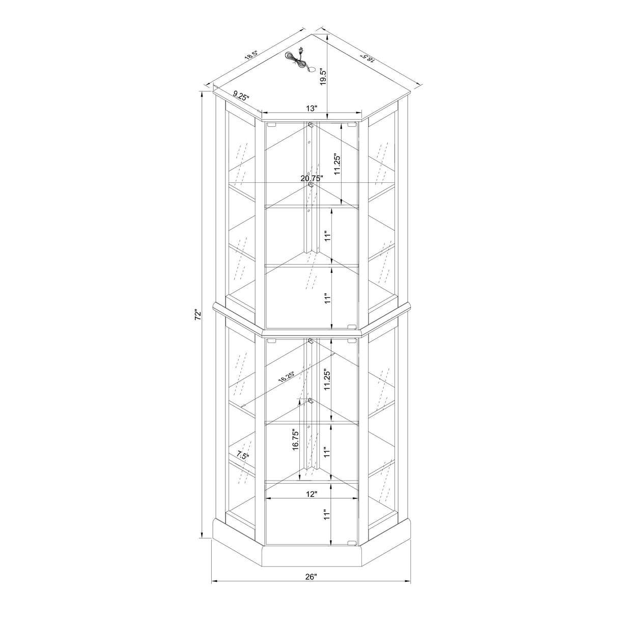 6 shelves corner Curio display cabinet with light mirror and adjustable shelves, walnut wood (excluding E26 light bulbs) - V.I.P Digital Presence