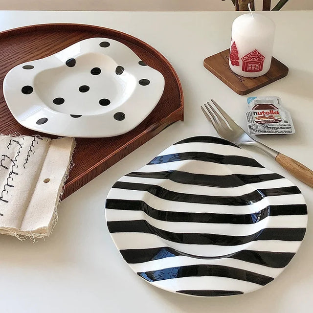 Nordic Ceramic Plate Dot Stripe Irregular Wave Shape Ceramic Dessert Plate Pasta Plate Dinner Plates Ceramic Dish Plates - V.I.P Digital Presence