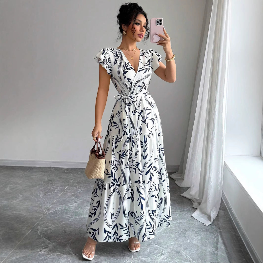 Spring Summer New Printed Ruffled V-Neck Sexy Fitted Slimming Long Dress Gown - V.I.P Digital Presence