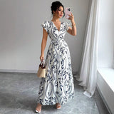 Spring Summer New Printed Ruffled V-Neck Sexy Fitted Slimming Long Dress Gown - V.I.P Digital Presence