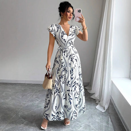 Spring Summer New Printed Ruffled V-Neck Sexy Fitted Slimming Long Dress Gown - V.I.P Digital Presence