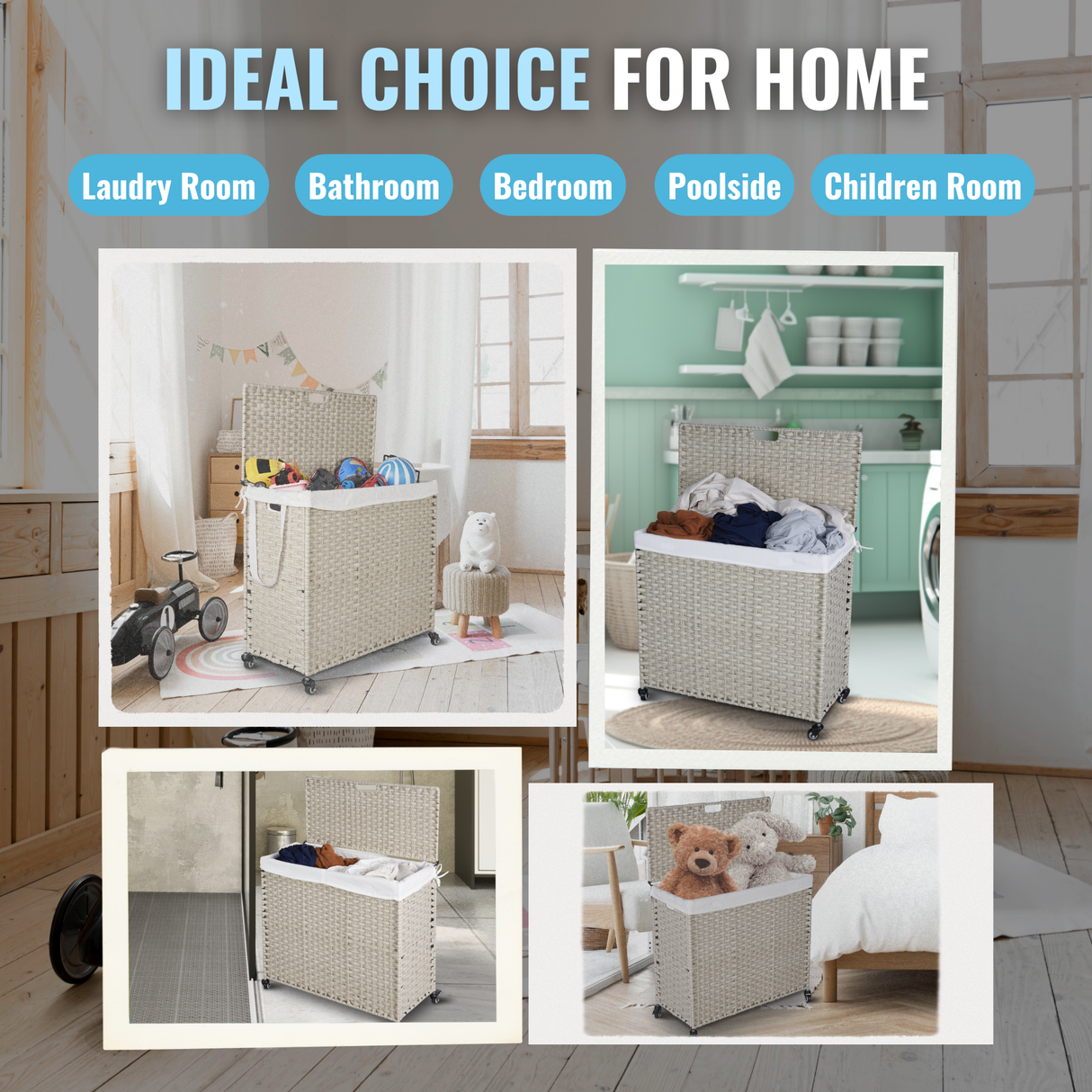 Laundry Hamper With Lid PE Rattan Powder Coating Frame Clothes Hampers with 02 Removable Bags, Wheels, 160L, Grey Color - V.I.P Digital Presence