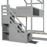 Twin over Full House Bunk Bed with Storage Staircase and Blackboard Gray