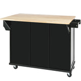 Kitchen trolley with rubber wood leaf countertop, 5-wheel kitchen island, storage cabinet and 3 dining drawers, black - V.I.P Digital Presence